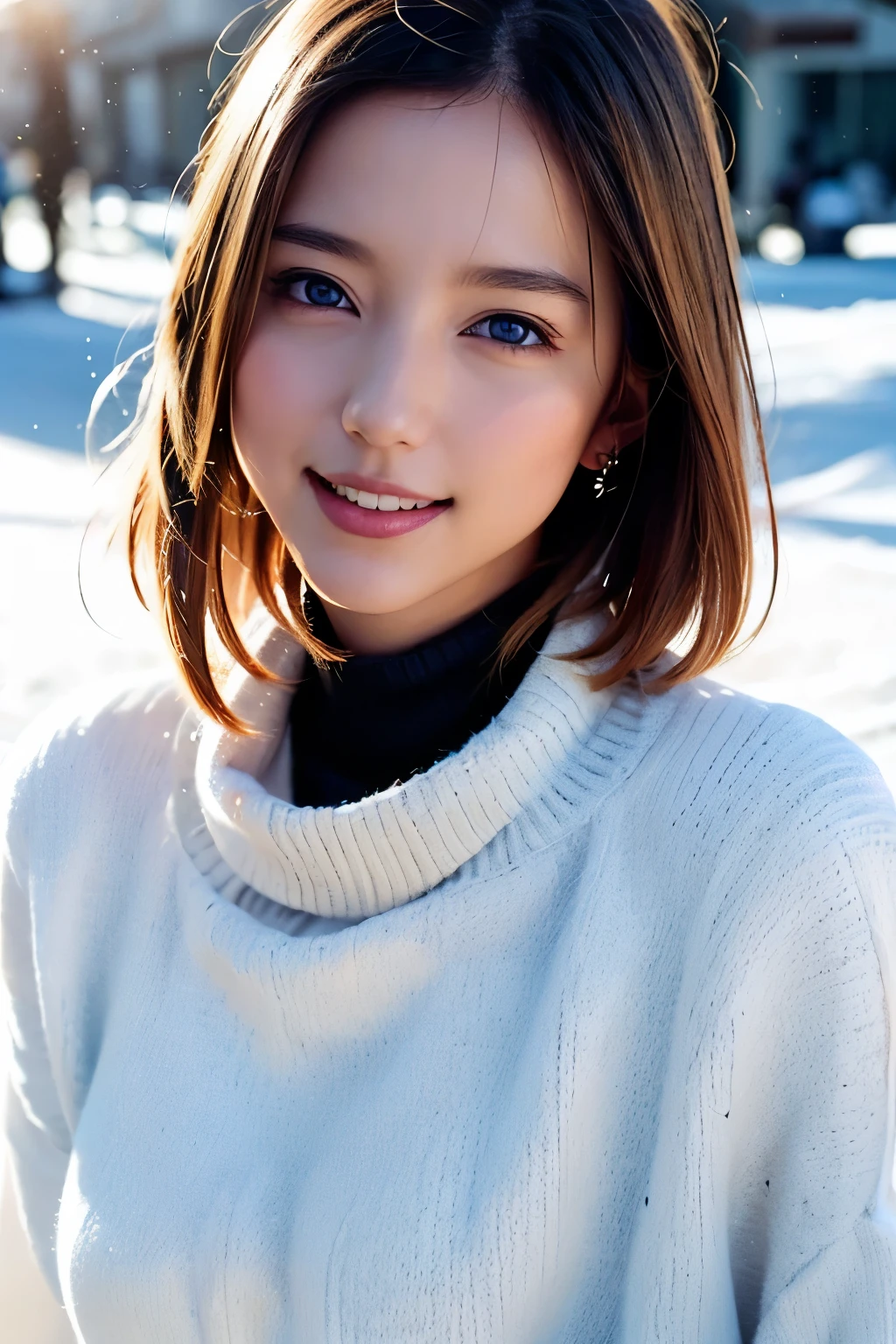 One girl,(Wearing a turtleneck sweater),(Winter jackets),(RAW Photos, Best Quality), (Realistic, photo-Realistic:1.4), masterpiece, Very delicate and beautiful, Very detailed, 2k wallpaper, wonderful, In detail, Very detailed CG unity 8k wallpaper, Super detailed, High resolution, Soft light, Beautiful detailed girl, Very detailed eyes and face, Beautifully detailed nose, Beautiful detailed eyes,Cinematic Lighting,Snow Scene,Ski Resorts,Snowfield,Snow Mountain,Perfect Anatomy,Slender body,smile  