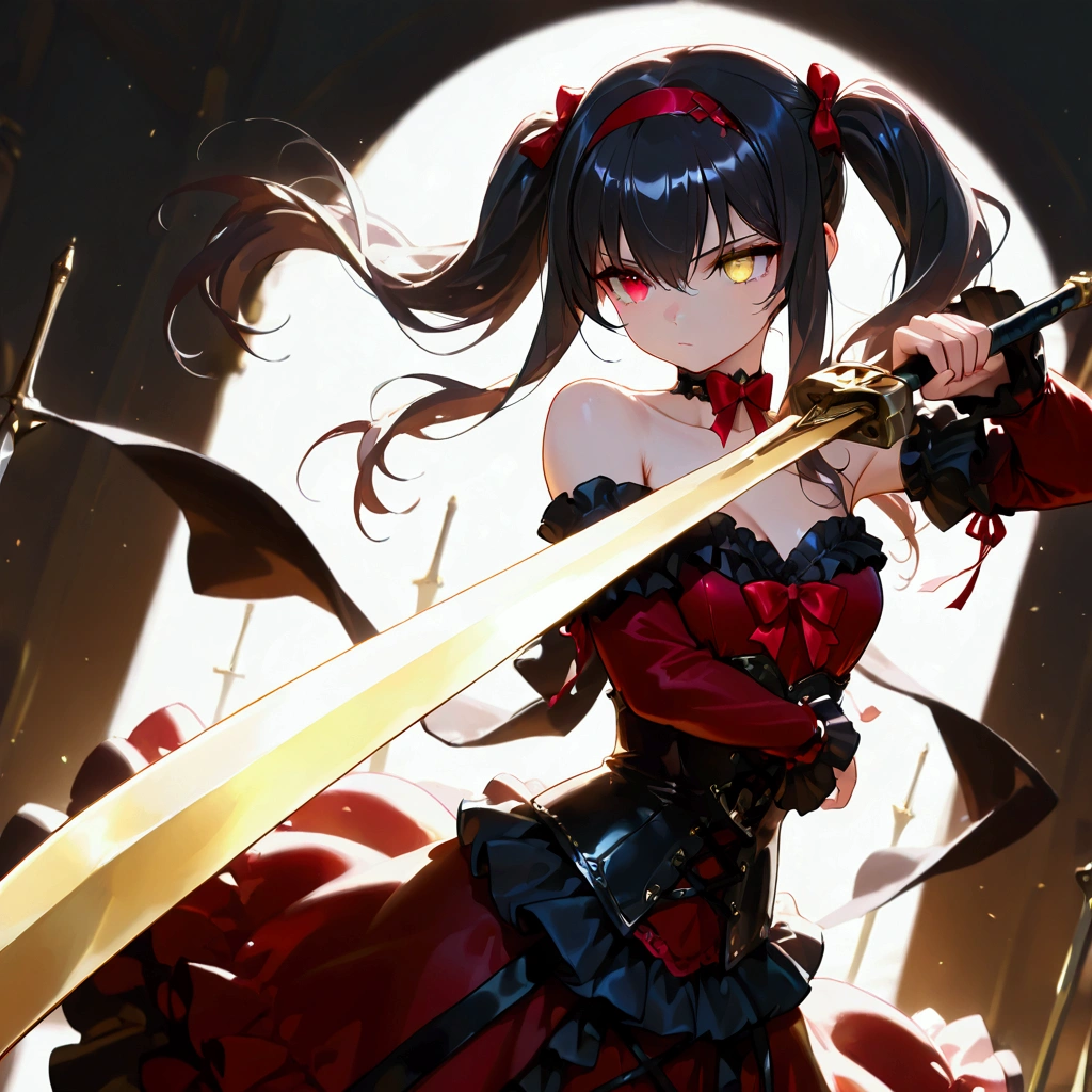 solo, cowboy shot, dramatic angle, kurumi tokisaki astral dress, long hair, black hair, red eyes, twintails, yellow eyes, hairband, heterochromia, dress, red dress, bare shoulders, collarbone, choker, bowtie, red bowtie, detached sleeves, corset, frills, rune, weapons, huge sword, battle stance, (best quality,4k,8k,highres,masterpiece:1.2),ultra-detailed,intricate details, high fashion, dramatic lighting, warm colors, chiaroscuro