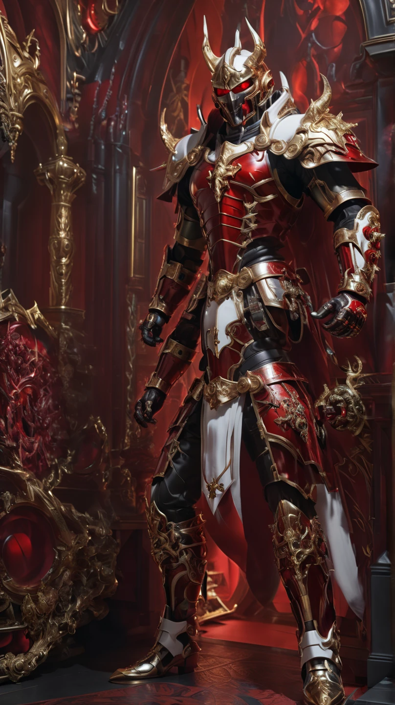  is possessed by a demon, a holy knight commander.A full-body image of an adult male . muscular body .Wear white gold holy knight armor. Eyes Deep Red . standing inside a mysterious black and red church.Bold composition 