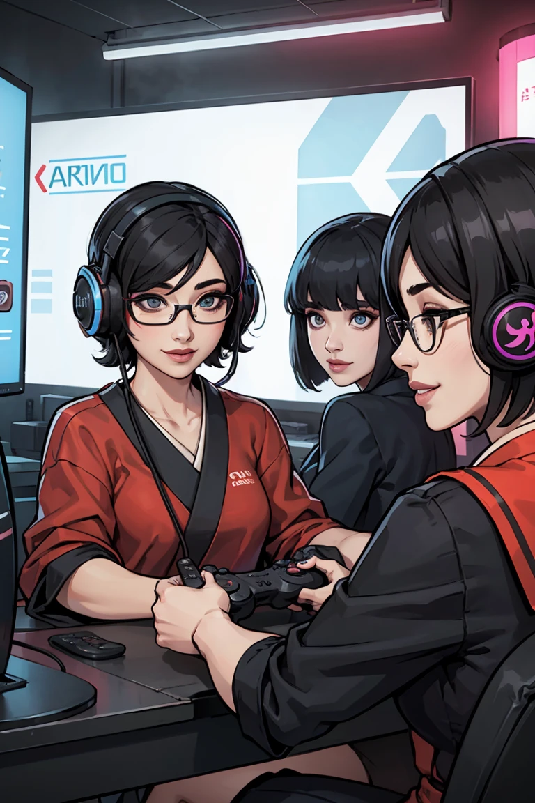 5０Japanese female　Black hair waves　 semi-short hair 　Glasses　 facing the front　Gaming Headsets　Chatting　 big smile when looking back　 Game Controller 　PC room 