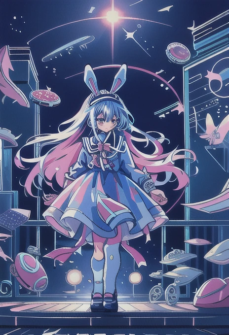 ( amazing hands, perfect hand), 「  girlとrabbit」One person and one animal ，  girl: ((Alice in cyber))  blue and white dress ， blue headband in hair， anime  girl ,  ((  Dynamicアングル))  very beautiful,    Ideal Anatomy   ,   starry sky with twelve constellations drawn , Like a nebula ,   rabbit:ホログラムrabbit,太陽rabbit，擬人化rabbit，cute，round， holographic tree ，Rich Nature，future，The glitter of the sun， girlがrabbitをChase，run，Chase， Dynamic，