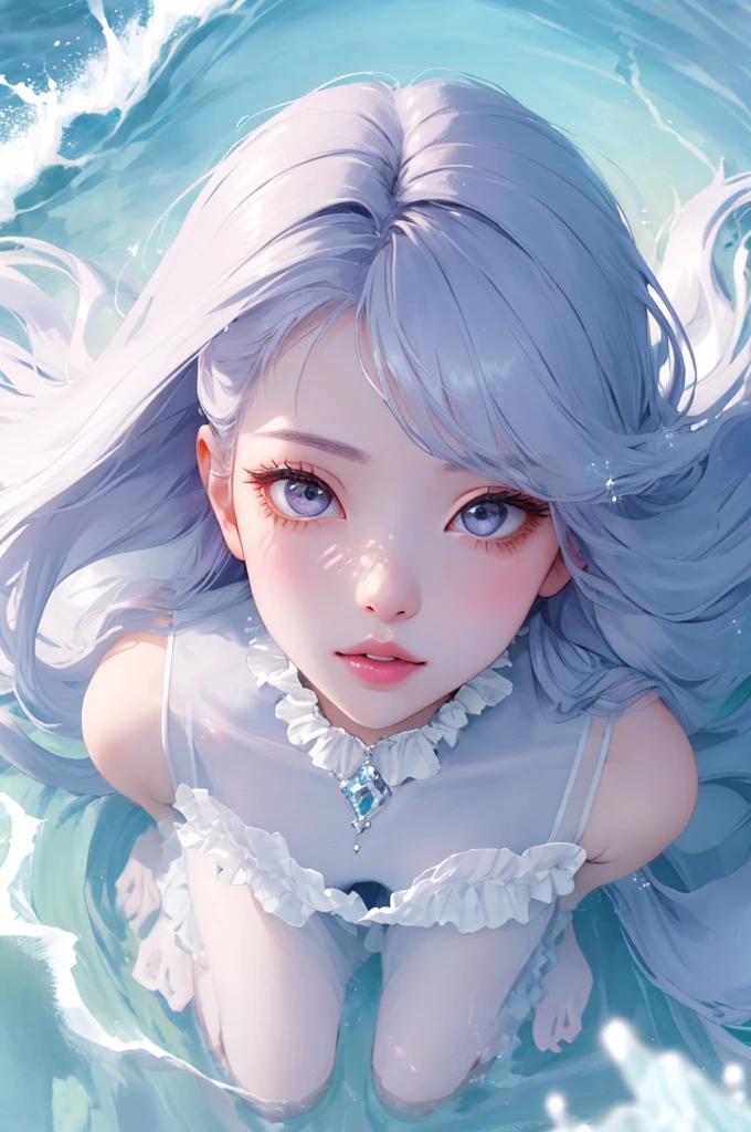  １ beautiful girl、 from directly above、Eyes that convey the power of magic waves 、 big eyes on left jaw、ice pink lips、 skin texture、shoulder、Breath、  mist dress 、Frills、cool、Delicate soft 、 SPARKLING REFLECTION 、 natural ice white super long hair、 Mist and Fusion 、WHITE DARK MIST 、Blur、 warm light、HD