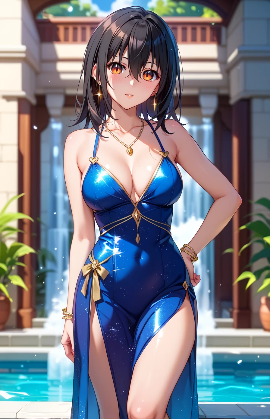 ( super high resolution 、 Max Image、 top quality、 detailed details )、(Himeragi Yukina:1.1)、 1 woman 、solo、 black hair、Shiny Hair、 bangs between eyes、 orange eyes 、Glamorous eyes、 textured skin、 sexy dress、 Nightdress、 slit 、White、Satin、 shiny dress 、Beautiful gold embroidery 、Fits your body、Shiny Earrings、 Sparkling Necklace、 standing、whole body、front、 from before、blush、 smiles、Sparkling Night View 、NSFW