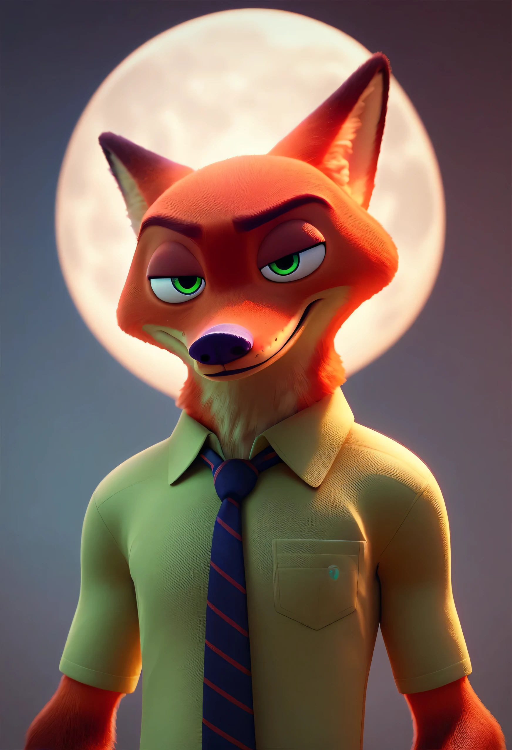 nick wilde, werewolf, Red eyes, Full moon, bodybuilder, anthro, And dark fur, 3D