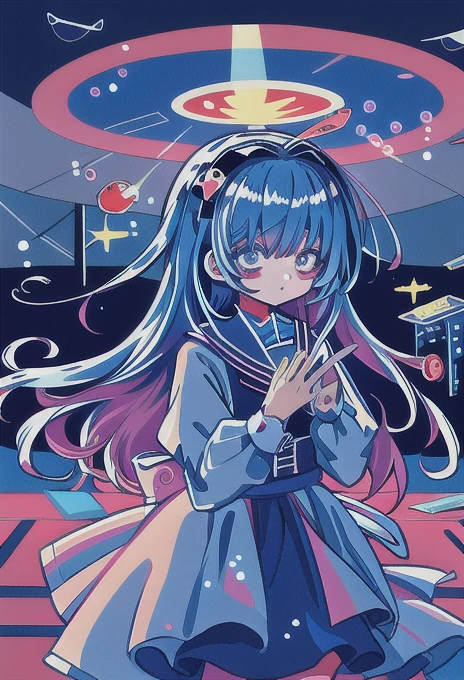 ( amazing hands, perfect hand), 「  girlとrabbit」One person and one animal ，  girl: ((Alice in cyber))  blue and white dress ，  detailed face ，blue headband in hair， anime  girl ,  ((  Dynamicアングル))  very beautiful,    Ideal Anatomy   ,   starry sky with twelve constellations drawn , Like a nebula ,   rabbit:ホログラムrabbit,太陽rabbit，擬人化rabbit，cute，round， holographic tree ，Rich Nature，future，The glitter of the sun， girlがrabbitをChase，run，Chase， Dynamic，