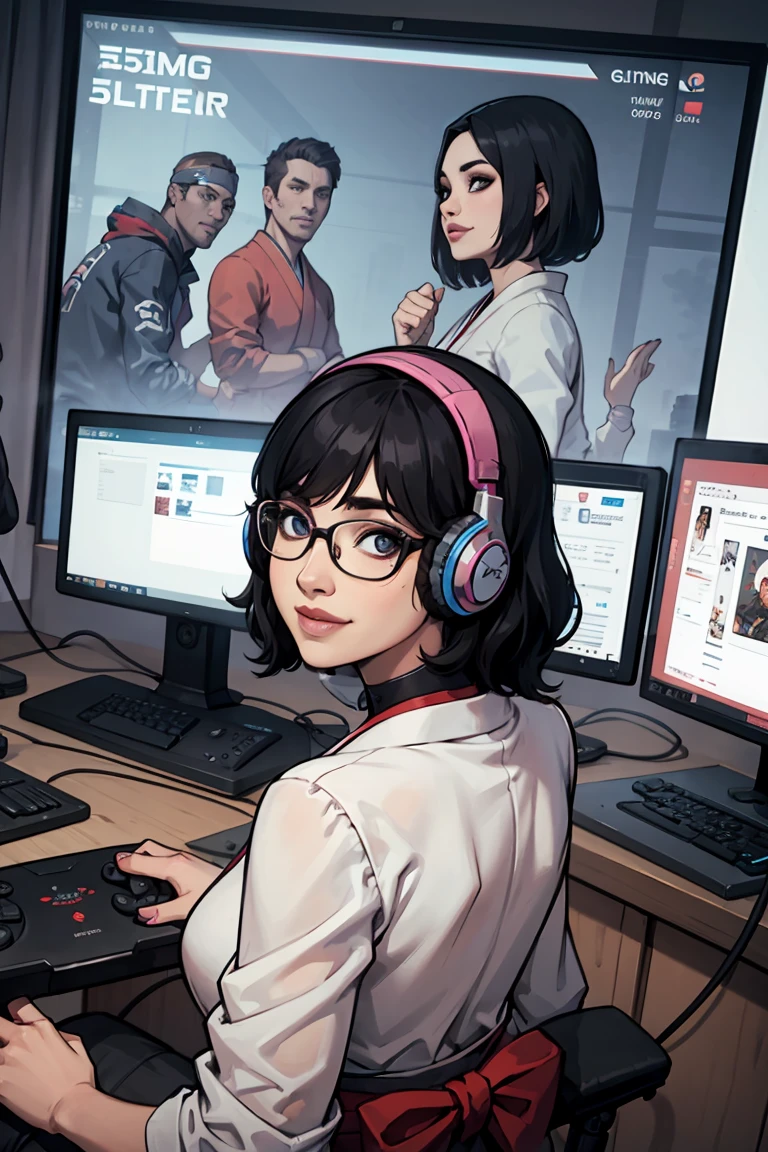 5０Japanese female　Black hair waves　 semi-short hair 　Glasses　 facing the front　Gaming Headsets　Chatting　 big smile when looking back　 Game Controller 　I'm the only one in the PC room