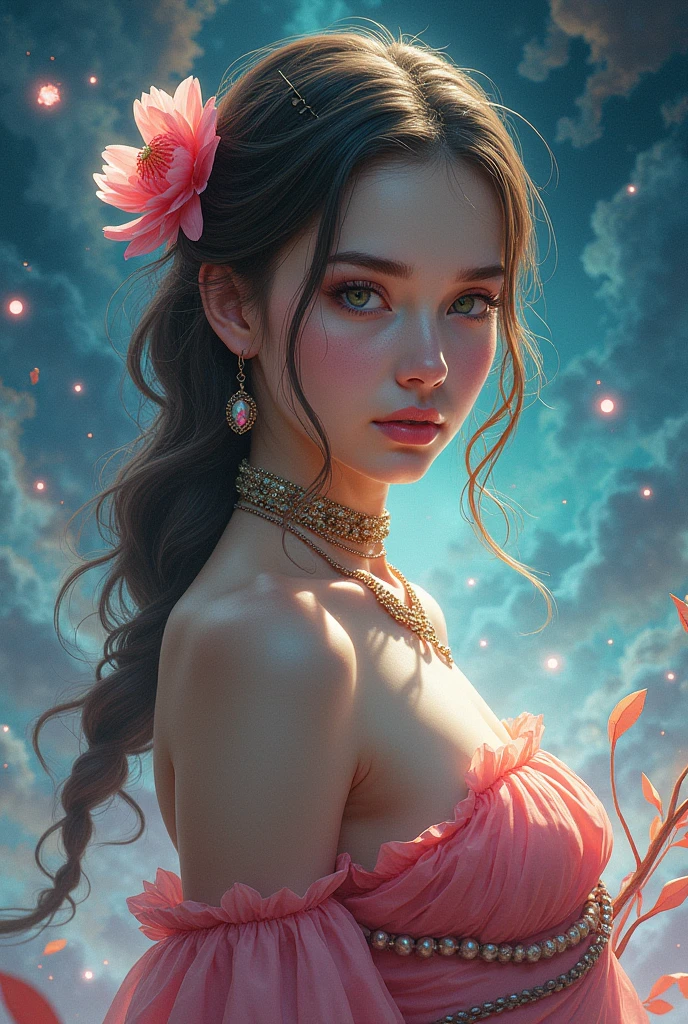 (masterpiece, highest quality, highest quality, Official Art, Beauty and aesthetics: 1.2), (One girl: 1.3), (Fractal Art: 1.3), Bright aqua blue eyes, Medium length hair with tassels, Nude midpart