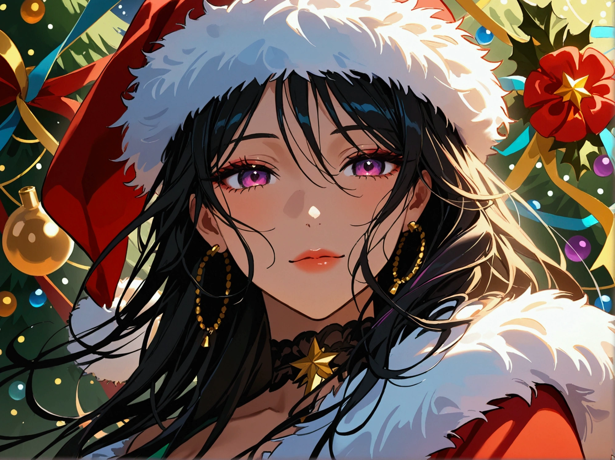 Long-haired woman with black hair in Santa costume