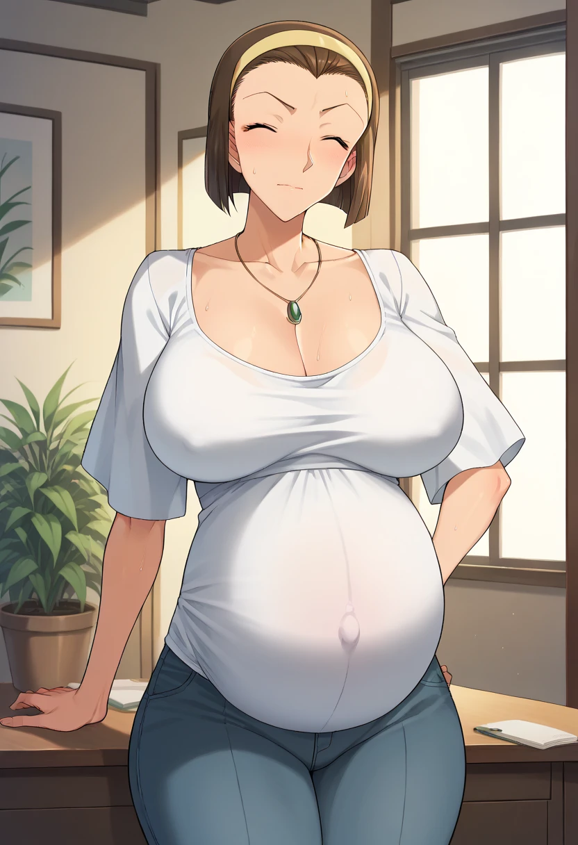 Hyper realistic, suzuki sonoko, short hair, brown hair, hairband, closed eyes, mature female, perfect face, perfect lighting, sexy female, ,large breasts, sweat,  (white  キャミソール　ドレス、)、pregnant,