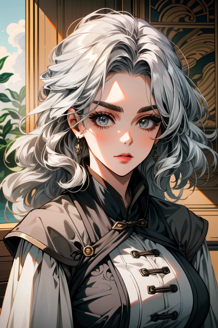 an older woman with, detailed background, every detail is rendered in superb detail, perfect composition, masterpiece, best quality, 8k, ultra-detailed, anime, correct anatomy, silver white hair, wavy hair, white eyes, modern dress, detailed face, correct eye anatomy, silver eyebrows, Chinese cultivation, cultivation clothes, big breasts  , posing , silver eyebrows