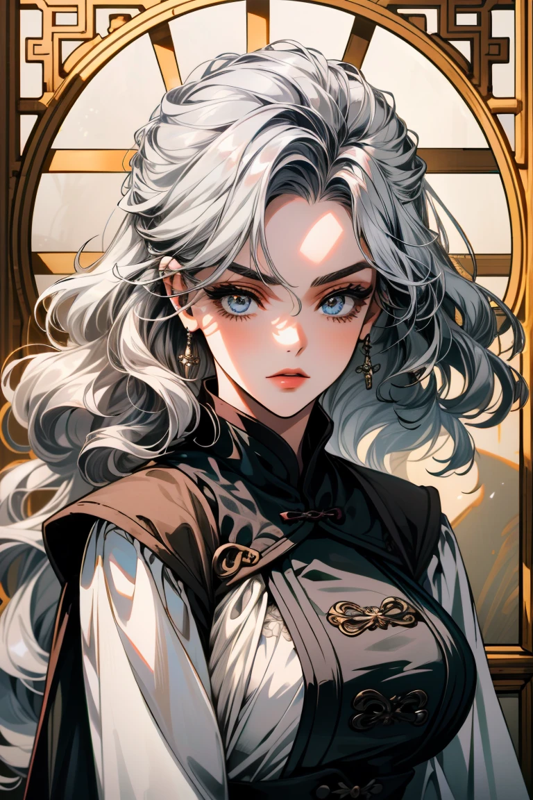  woman with, detailed background, every detail is rendered in superb detail, perfect composition, masterpiece, best quality, 8k, ultra-detailed, anime, correct anatomy, silver white hair, wavy hair, white eyes, modern dress, detailed face, correct eye anatomy, silver eyebrows, Chinese cultivation, cultivation clothes, big breasts  , posing , silver eyebrows