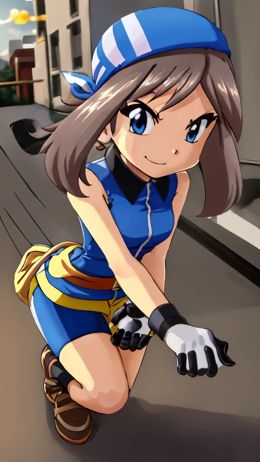  brown hair ,  blue eyes, blue bandana , blue sleeveless collar shirt,  bike shorts that are close to face,  black high socks, Blue shoes, White gloves, Ample breasts,  Tall,  viewers who stop at the edge, 1 Female, Age 18,  Standing , whole body, Place one hand on hip,  slim figure,  sexy smile,  Seductive Smile ,  Detailed Background ,  top quality,  Masterpiece, Outdoor, town, building,  break 1 girl sitting, Alone, (\ Pokémon\), 