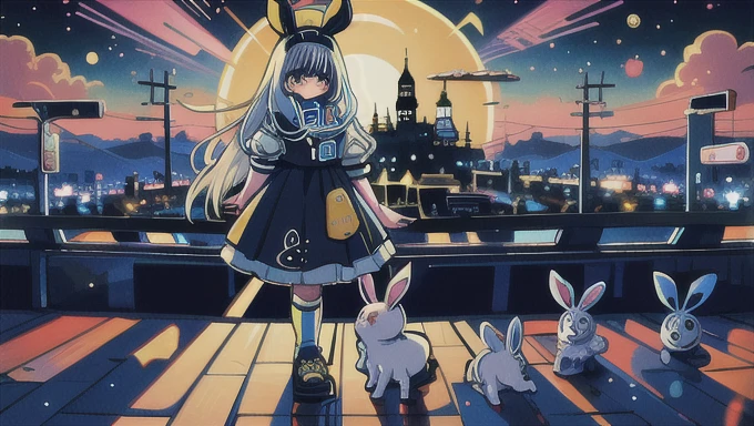 ( Amazing hands , perfect hand), 「   girlとrabbit」One person and one animal ，   girl: ((Alice in cyber))    blue and white dress ，   detailed face  ，blue headband in hair， anime   girl ,  ((  dynamicアングル))   very beautiful,     Ideal Anatomy    ,    starry sky with 12 constellations  , Like a nebula ,   rabbit:ホログラムrabbit,太陽rabbit，擬人化rabbit，cute，round，  holographic tree  ，Rich Nature，future，Sunshine，  girlがrabbitをTracking，execution，Tracking， dynamic，