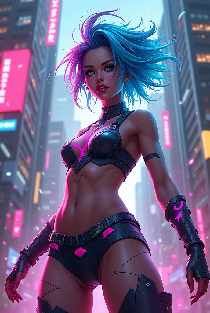 cyborg woman, with a visible detailed brain, musc"Describe a scene in the cyberpunk city of 2077 where a humanoid woman is present, focusing on the atmosphere and details of the alleyway she is in." Create an image, (full body: 1.5), (a young and beautiful girl: 1.5), 18 year old girl, in the Cyberpunk universe, in an alley in the chaotic city with night streets. The image must be photorealistic, (tattooed skin: 1.5), (Skin and face must be extremely detailed with visible pores: 1.5), (her heart-shaped Brazilian butt: 1.5), (small breasts and must be half-naked with nipples and pubic hair little sample: 1.5). The girl should be dressed in silk clothing, silk lace, short mesh shorts or short mesh blouse. (The main focus of the image should be the extremely detailed skin: 1.5), (the extremely beautiful and symmetrical face: 1, 5), (with ultra detailed eyes: 1.5). (Lighting must be perfect: 1.5), with high cinematic luminosity and increased twilight. A girl should have a seductive appearance, feminine expression, looking directly at whoever sees her. Punk hair, shaved on the side, shaved, must be detailed, with split bangs and freckles. The image must be of very high quality, with photorealistic rendering, ultra-high resolution and 8k image quality. Octane rendering techniques such as photon mapping, radiosity, and physical rendering with automatic white balance should be used. The image should convey a sense of technology and resemble a masterpiece of illustration and art. There must be elements of unity such as wallpaper and official art. The composition must present incredible details, delicacy and extreme beauty, with sharp and highly detailed focus. The background of neon lights, diffuse light, futuristic, orange light, cable, electricity, ornate, detail, windows with skyscrapers, science fiction, blue purple neon, rich and detailed, with a slight blur effect. The girl should look like a real person, but the final work should not be based on a specific photograph.