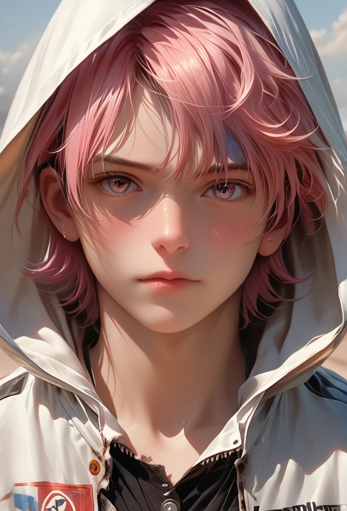 score_9, score_8_up, score_7_up, A hyper realistic ultra detailed photo of hansome man, fancy short hair ,  pink  hair, ultrarealistic, cute,  body, perky boobs, perfecteyes, , upper body  , close up, portrait, looking at viewer, amusement  ,  laying on back  ,  casual outdoor background, and in dark post-apocalyptic clothes, and a hood