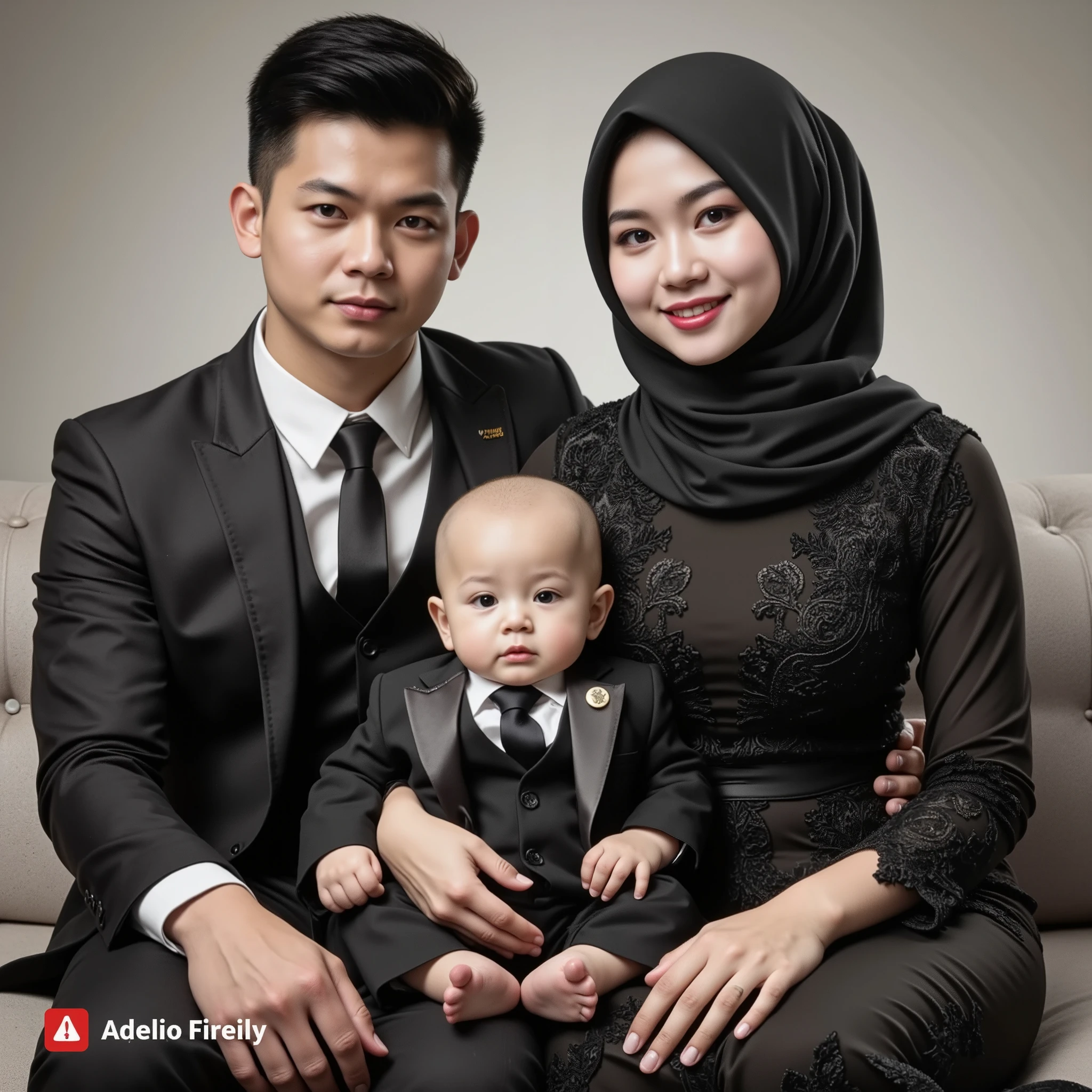 Happy family photo Indonesia, man aged 33, wearing a black suit, black shoes, woman aged 28, wearing a black and gold kebaya, 4-year-old boy, wearing a black suit, studio photo, dark background, standing pose, white lighting, ultra HD, realistic, best photography, masterpiece. 