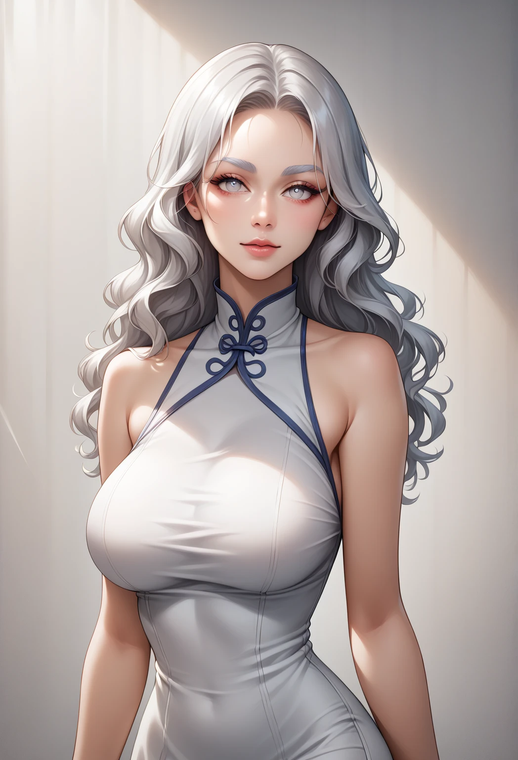  woman with, detailed background, every detail is rendered in superb detail, perfect composition, masterpiece, best quality, 8k, ultra-detailed, anime, correct anatomy, silver white hair, wavy hair, white eyes, modern dress, detailed face, correct eye anatomy, silver eyebrows, Chinese cultivation, cultivation clothes, big breasts  , posing , silver eyebrows