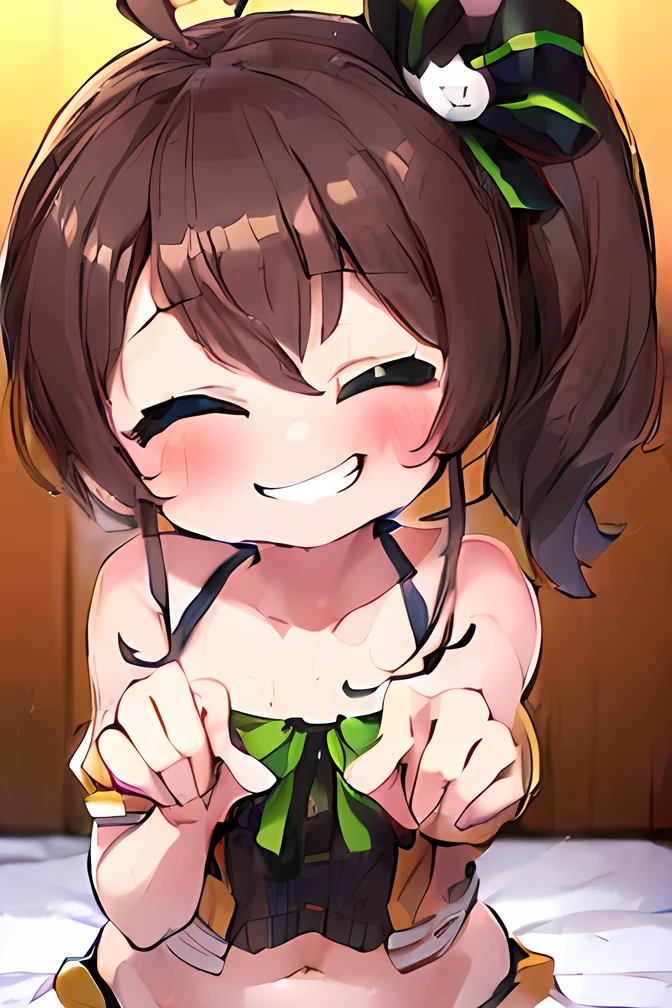 (((mesugaki smile:1.5))),((( Natsuiro Matsuri))), One Girl ,iris,((  side ponytail )),ribbon,belly button,Sitting in a bedroom with a normal height , red cheeks ,(( big smile)),( squinting),(Sweated a lot),((Victory pose )),