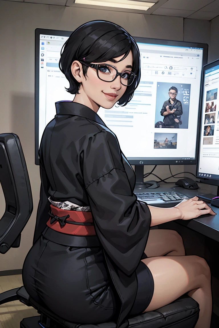 5０Japanese female　Black hair waves　 semi-short hair 　Glasses　 facing the front　Gaming Headsets　The video is being distributed on a PC　 big smile when looking back　PC Keyboard　I'm the only one in the PC room