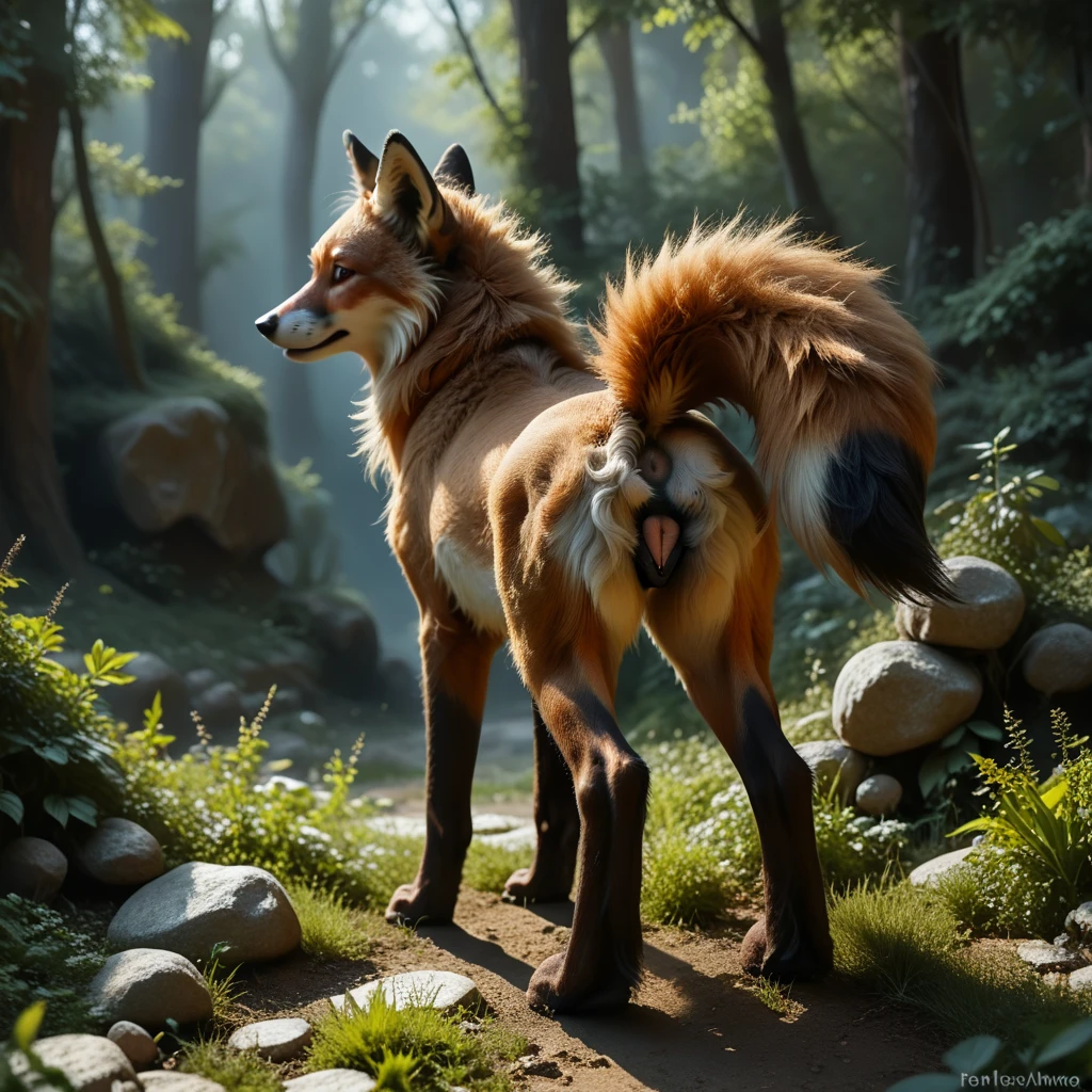 score_9, score_8_up, score_7_up, best quality, high res, very aesthetic, realistic, masterpiece, feral, female, solo,naked, fur, fluffy, tuft, fox,rear view, canine pussy, anus,standing, looking back at viewer,detailed background, forest,fluffy tail, canine