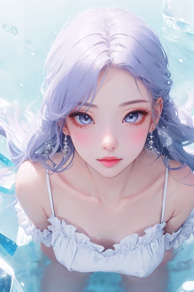  １ beautiful girl、 from directly above、Eyes that convey power、 big eyes on left jaw、ice pink lips、 skin texture、shoulder、Breath、  mist dress 、Frills、cool、Delicate soft 、 SPARKLING REFLECTION 、 natural ice white super long hair、 Mist and Fusion 、WHITE DARK MIST 、Blur、 warm light、HD