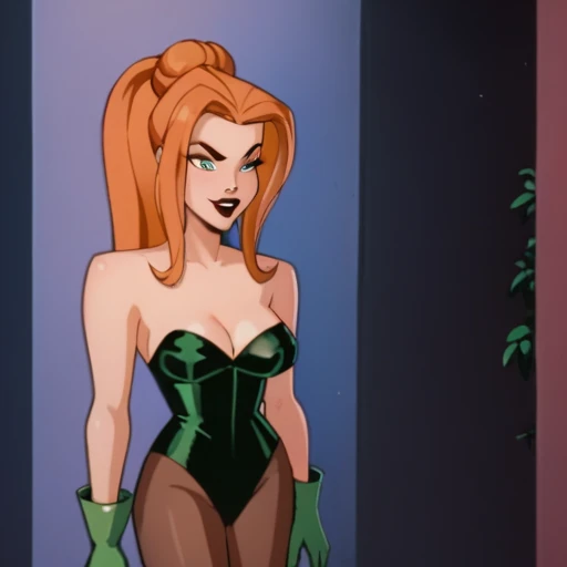 pamela isley, long hair, orange hair, green eyes, lipstick, red lips, flirting, raised eyebrow, bare shoulders, cleavage, leotard, green gloves, pantyhose, curvy, toned, athletic, large breasts, standing, hands on red rose, sexually suggestive, indoors