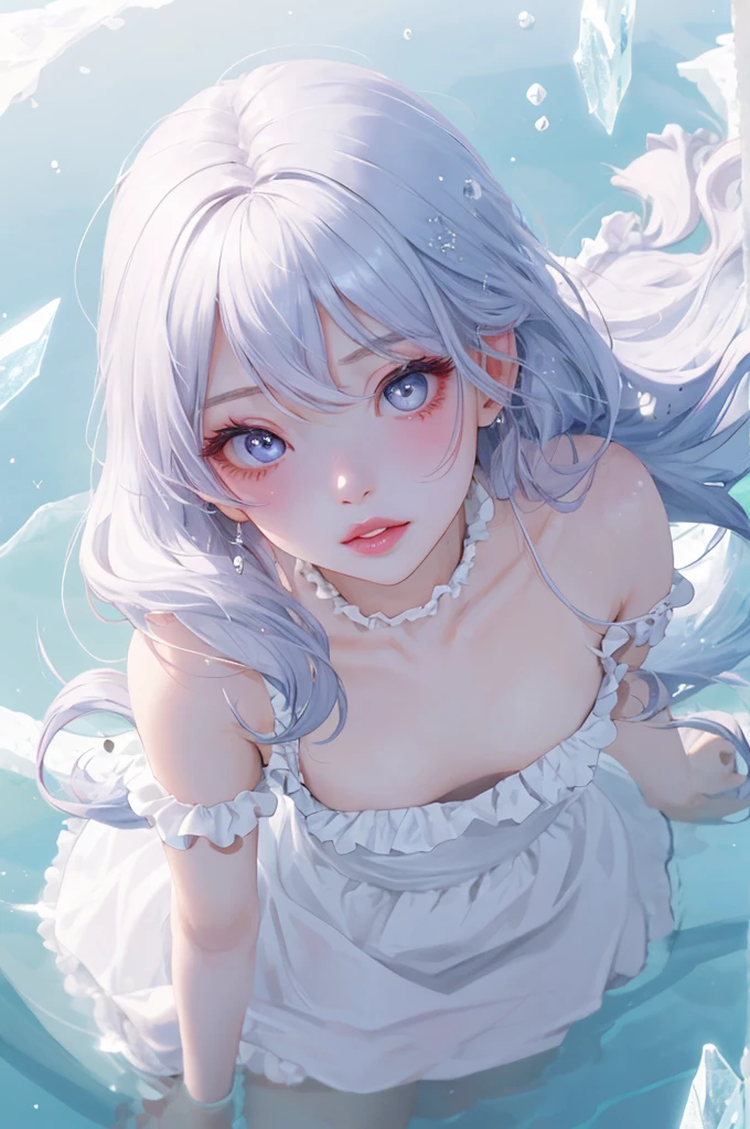  １ beautiful girl、 from directly above、Eyes that convey the power of the devil、 big eyes on left jaw、 Ice Pink Lips、 skin texture、shoulder、Breath、  mist dress 、Frills、cool、Delicate soft 、 SPARKLING REFLECTION 、 natural ice white super long hair、 Mist and Fusion 、WHITE DARK MIST 、Blur、 warm light、HD