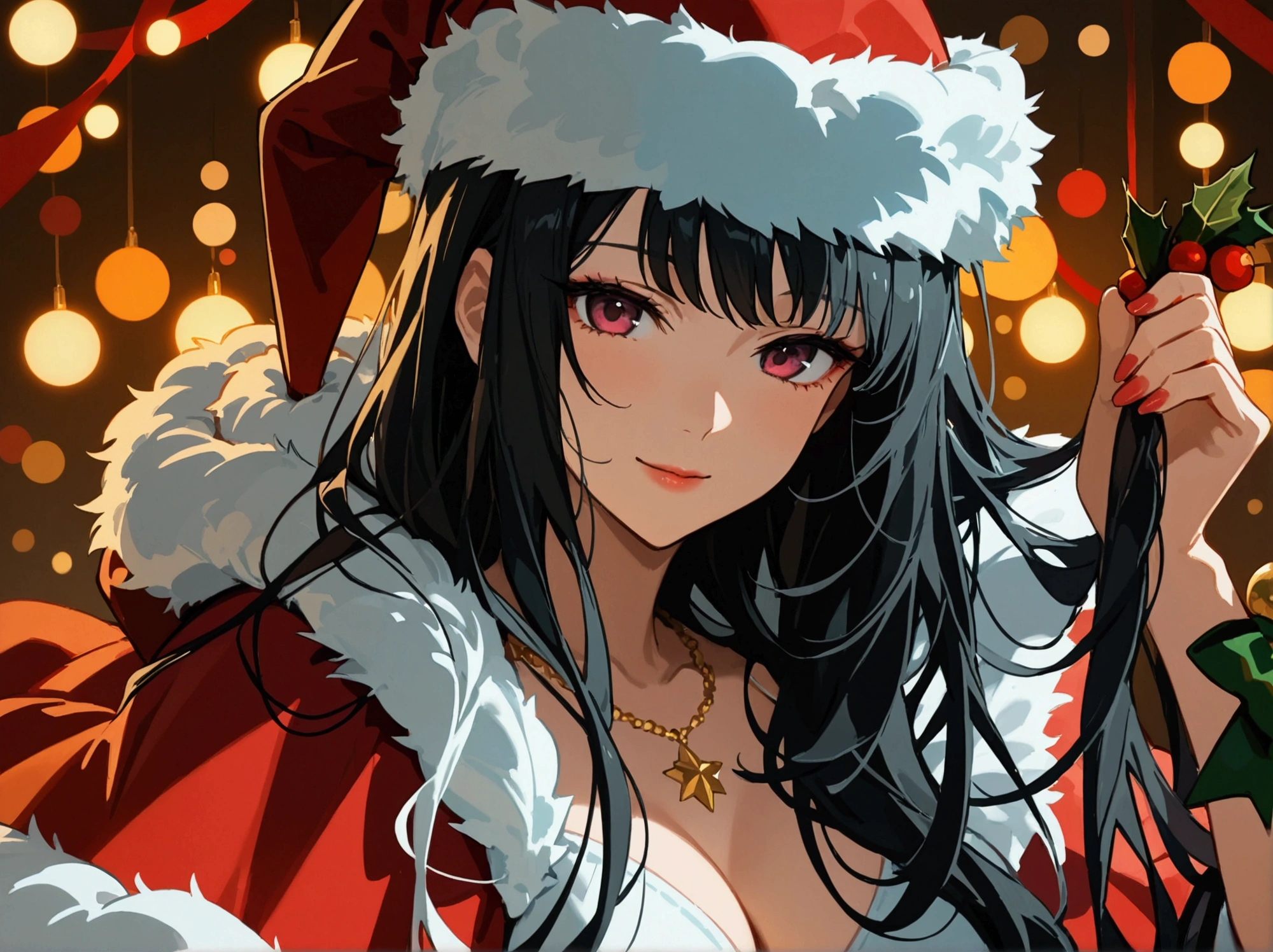 Long-haired woman with black hair in Santa costume