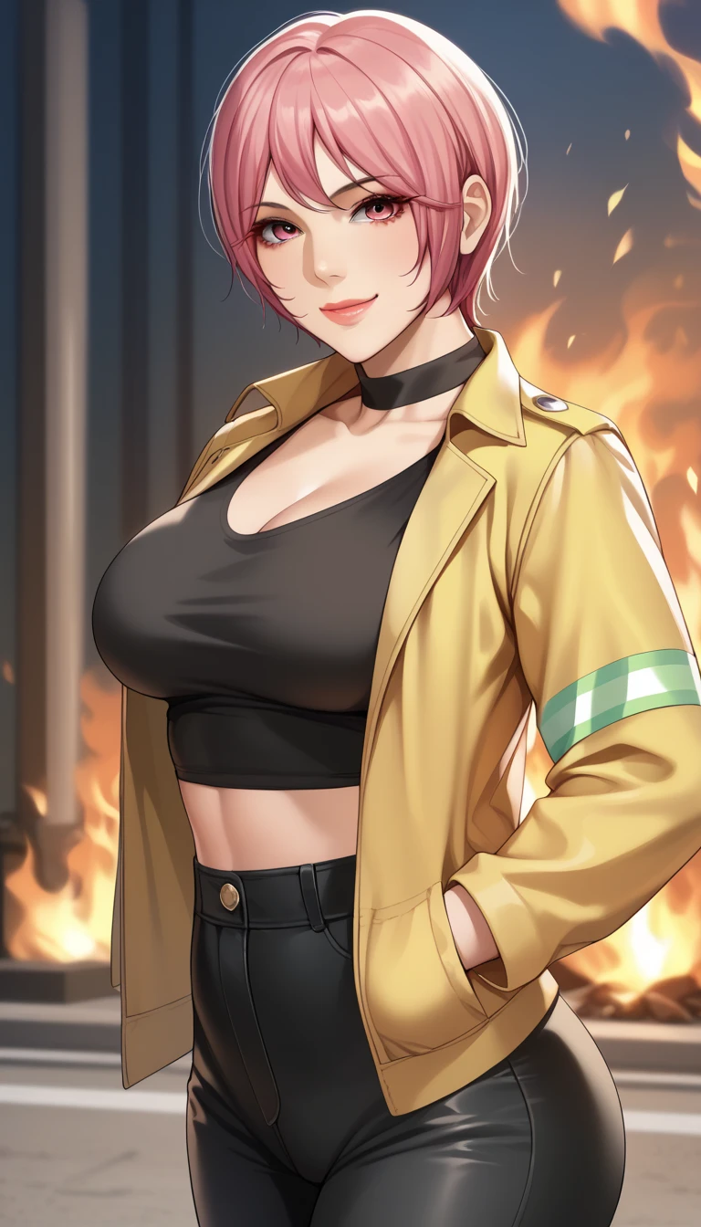 (masterpiece, best_quality:1.2), 1girl, solo, mature female, pink hair, short hair, (firefighter jacket, black crop top, black pants), beautiful eyes, female focus, slim body, curvy, looking at viewer, a smile, beautie, ((solo)) detailed, very high resolution, no blurry image, (cowboy shot), standing, beautiful, elegant, serene expression, intricate details, (burning flames, dorable), colorful