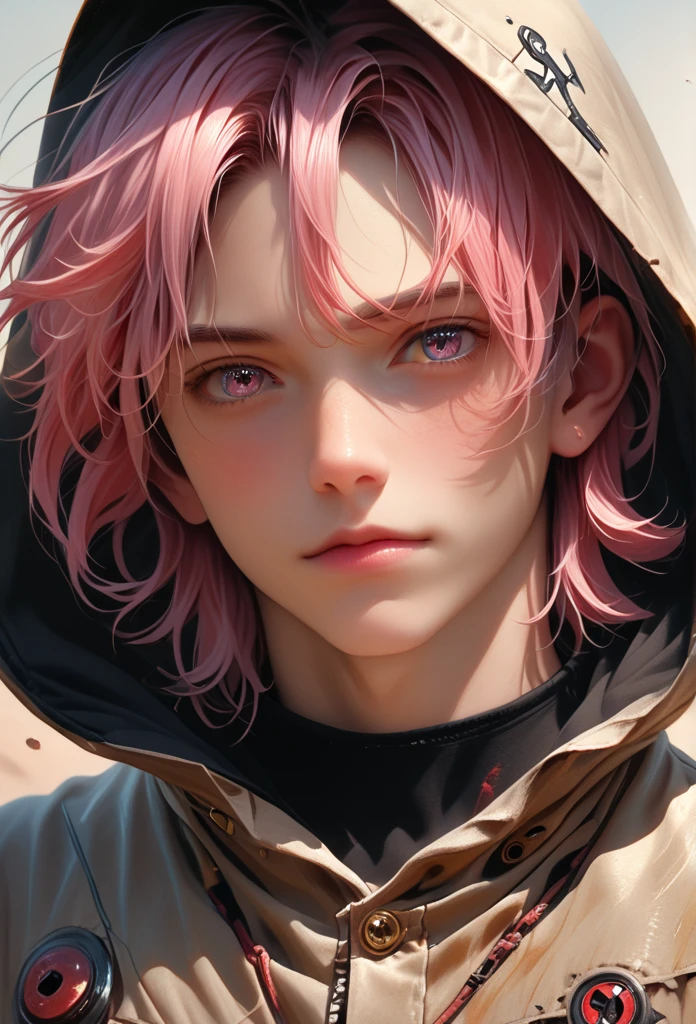 score_9, score_8_up, score_7_up, A hyper realistic ultra detailed photo of hansome man (24 years old) , fancy short hair ,  pink  hair, ultrarealistic, cute,  body, perky boobs, perfecteyes, , upper body  , close up, portrait, looking at viewer, amusement  ,  laying on back  ,  dark background, and in dark post-apocalyptic clothes, and a hood. 