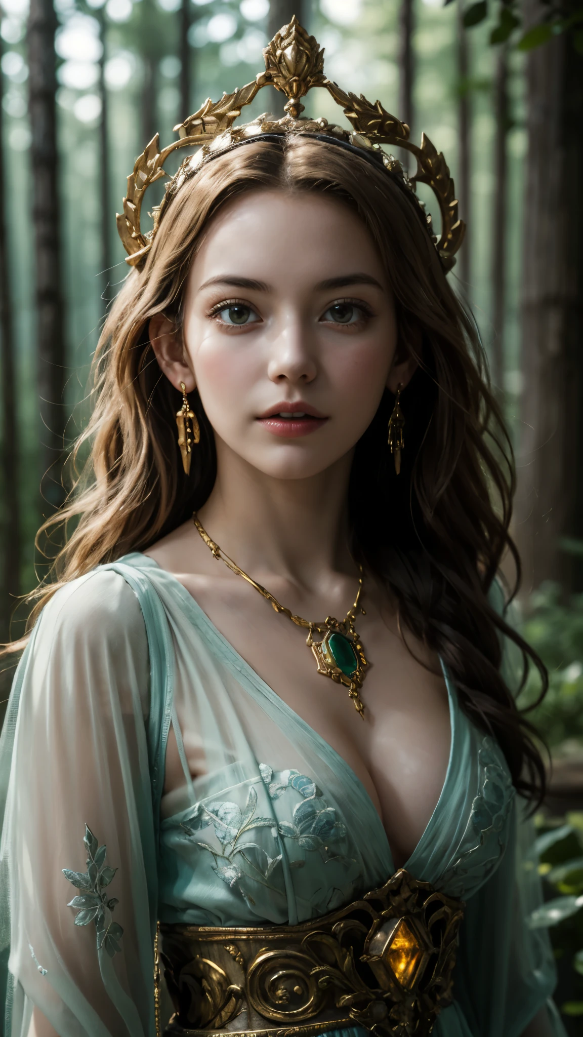 girl, (, earlye:1.6), intricate ornamented flowing robe, see-through robe, (breasts), long hair, flowing hair, subtle headpiece, intricate ornate headpiece, necklace, earring, looking at viewer, ethereal aura, forest, cinematic, highly detailed, stunning, red hair, warrior, powerful stance, intricate emerald plate armor, glowing golden accents, ornate carvings, vibrant green grand fantasy, pillars, elaborate carvings, soft ambient lighting, regal atmosphere, grace, masterpiece, (close-up shot),