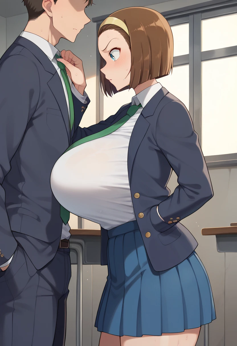 Hyper realistic, Suzuki Sonoko, short hair, brown hair, hairband, blue eyes, perfect face, perfect lighting,  , ,huge breasts, sweat,、skirt, shirt, long sleeves, school uniform, jacket, white shirt, pleated skirt, necktie, collared shirt, miniskirt, blue skirt, blazer, blue jacket, green necktie、 from the side:2、boob tent、side view、profile