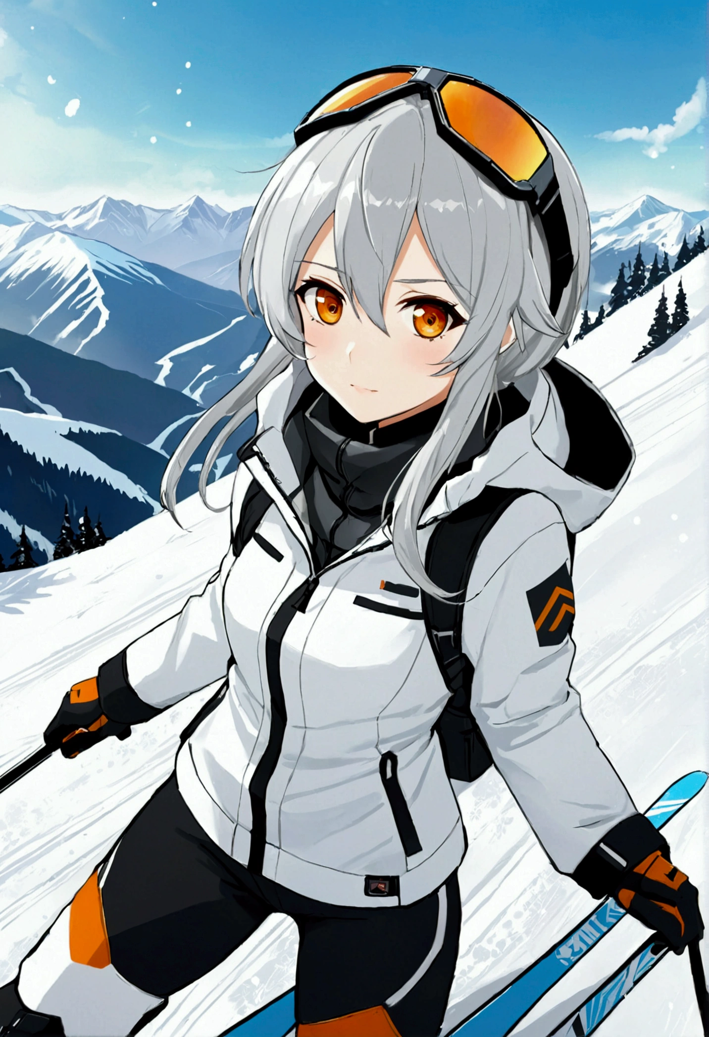  Anime girl with long hair and white coat downhill skiing from the top of a mountain, snow covered mountain, lifts for skiers aside , Girls Frontline style , De Girls Frontline, From the arknights, cute anime girl,  visual anime of a cute girl , silver haired girl, An anime girl, anime mecha aesthetic,  Anime aesthetics , Beautiful anime portrait, anime girl portrait, pretty anime girl,  Beautiful anime girl 