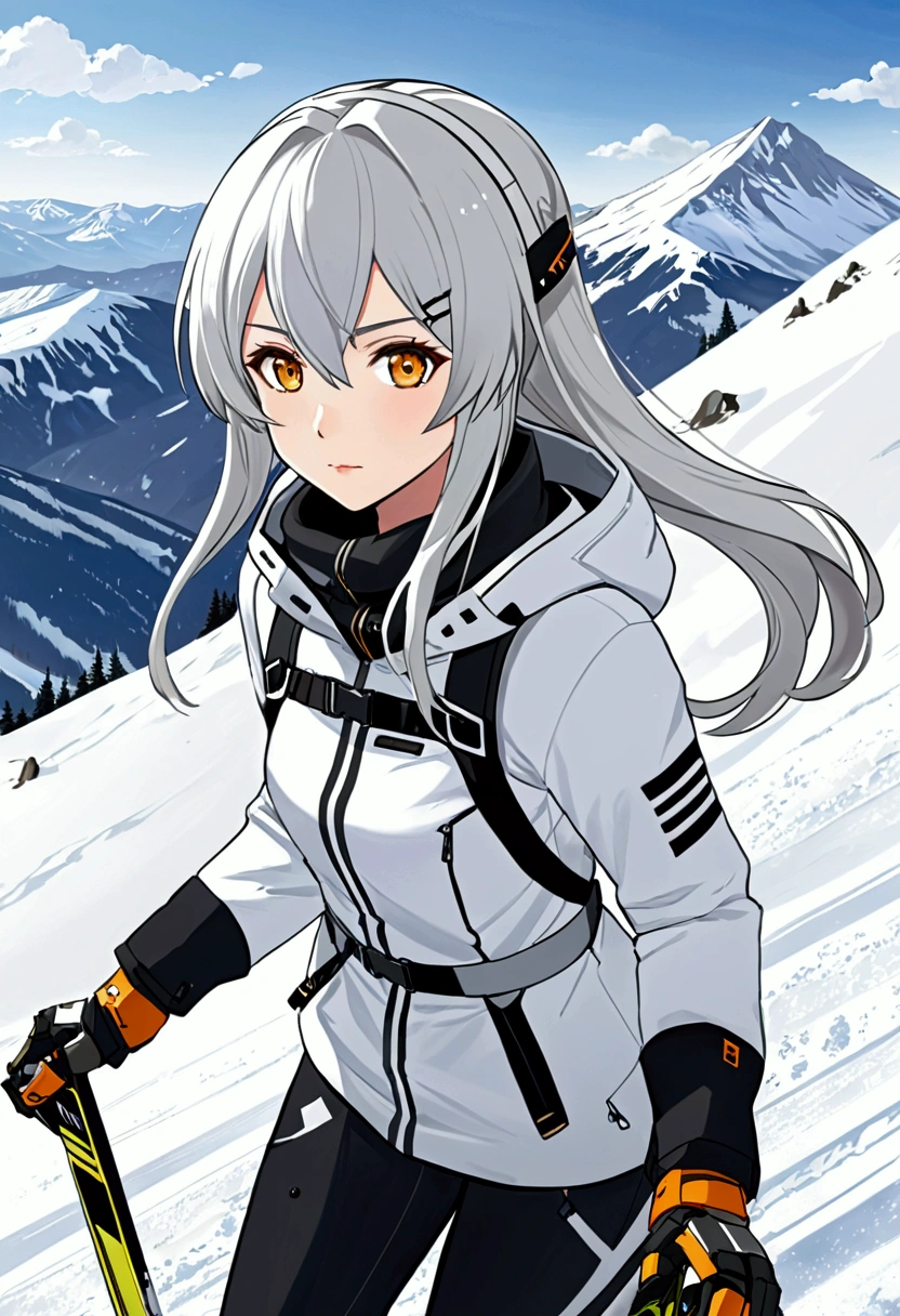  Anime girl with long hair and white coat downhill skiing from the top of a mountain, snow covered mountain, lifts for skiers aside , Girls Frontline style , De Girls Frontline, From the arknights, cute anime girl,  visual anime of a cute girl , silver haired girl, An anime girl, anime mecha aesthetic,  Anime aesthetics , Beautiful anime portrait, anime girl portrait, pretty anime girl,  Beautiful anime girl 