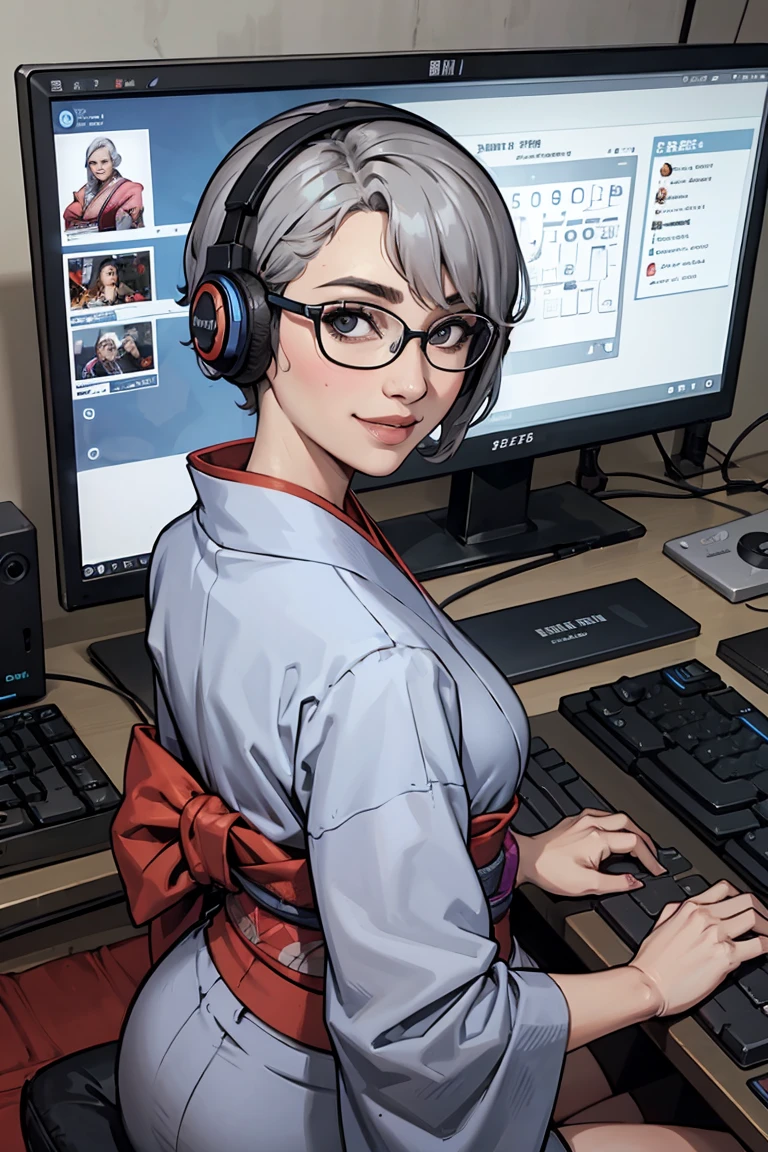  Japanese Grandma　Total Gray Hair Wave 　 semi-short hair 　Glasses　kimono　 looking at me　Gaming Headsets　The video is being distributed on a PC　 big smile when looking back　PC Keyboard　I'm the only one in the PC room