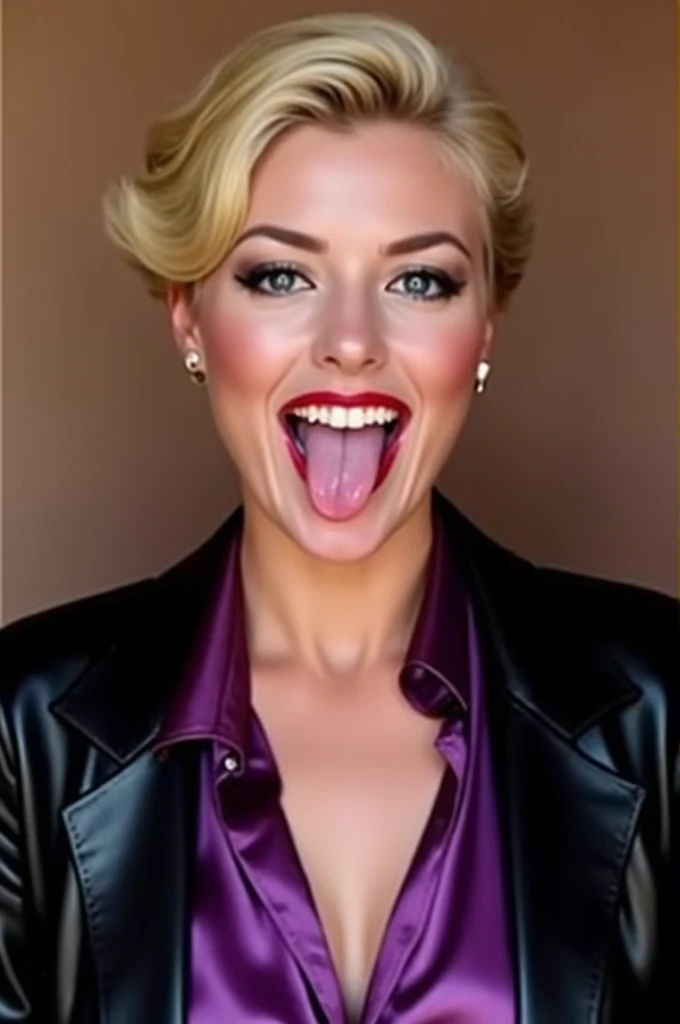 (((Straight on centered portrait)))A realistic image of Juliet Anderson short blonde hair with a bearing teeth and an open smile extremly long tongue.wearing exposed cleavage shiny purple satin shirt black leather blazer,with big pokie nipples