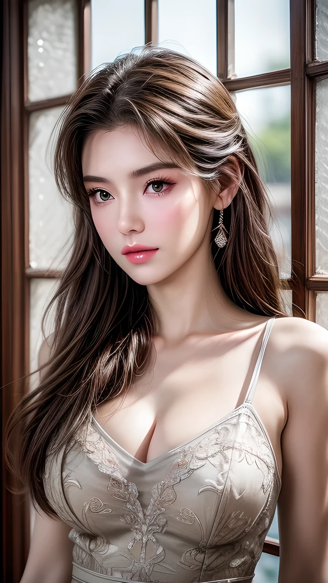  are of the best quality, masterpiece, Large target , (Big breasts), Delicate skin texture ,  Detailed fabric texture ,  exquisite face ,  Super detailed , 8K, Detailed ,  1 girl, 30 years old,  high contrast with window  ,  high resolution eyes , brunette Phnom Penh jewelry girl， upper body。