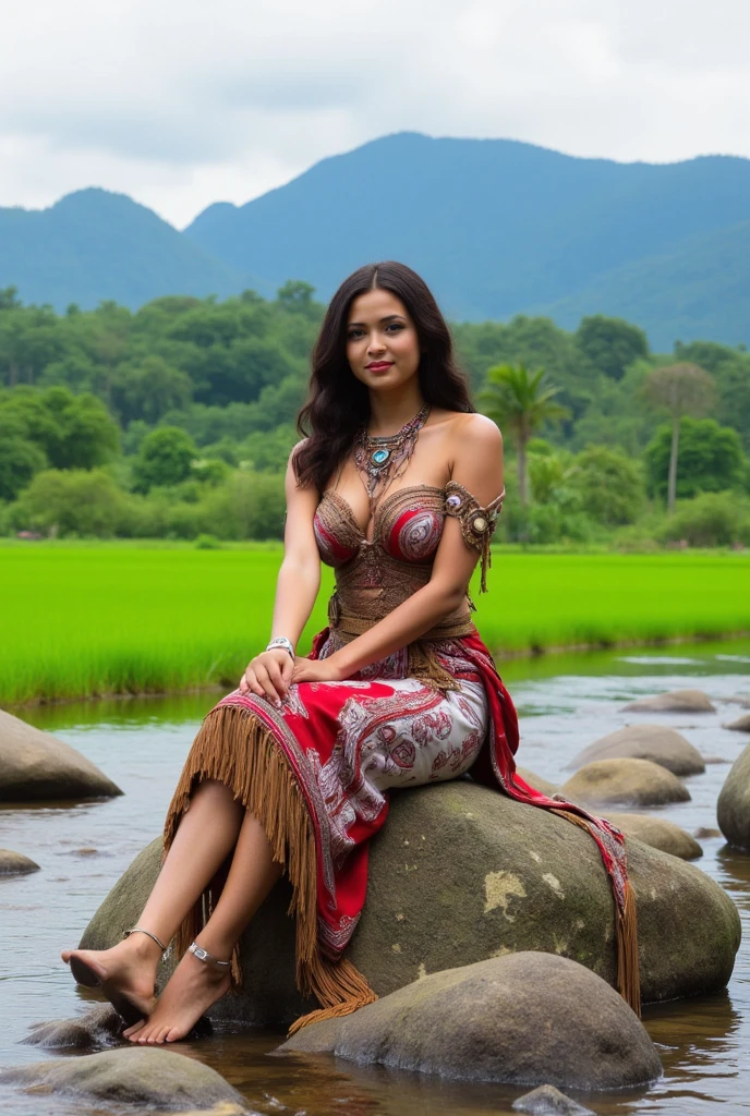 1girl, Solo, High Resolution, a beautiful Indonesian woman, sexy curvy body, wear dayak kalimantan tribe costume, sitting on the rock in the river at the rice field and tropical mountain as background details. look at the viewer, natural light realistic photography, wide angle shot,