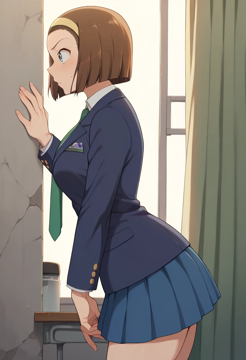 Hyper realistic, Suzuki Sonoko, short hair, brown hair, hairband, blue eyes, perfect face, perfect lighting,  , ,medium breasts, sweat,、skirt, shirt, long sleeves, school uniform, jacket, white shirt, pleated skirt, necktie, collared shirt, miniskirt, blue skirt, blazer, blue jacket, green necktie、 from the side:2、boob tent、side view、profile