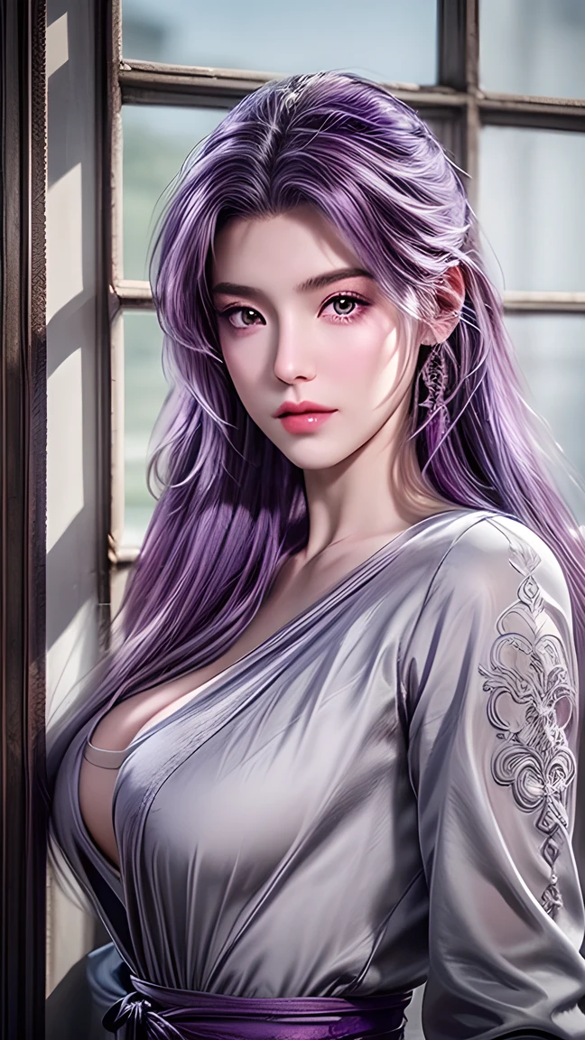  are of the best quality, masterpiece, Large target , (Big breasts), Delicate skin texture ,  Detailed fabric texture ,  exquisite face ,  Super detailed , 8K, Detailed ,  1 girl, 30 years old,  high contrast with window  ,  high resolution eyes ,  Purple Haired Girl ， upper body。