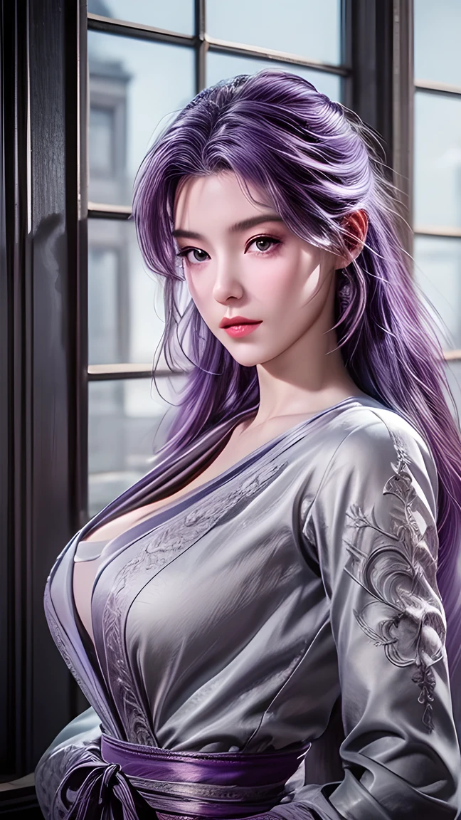  are of the best quality, masterpiece, Large target , (Big breasts), Delicate skin texture ,  Detailed fabric texture ,  exquisite face ,  Super detailed , 8K, Detailed ,  1 girl, 30 years old,  high contrast with window  ,  high resolution eyes ,  Purple Haired Girl ， upper body。