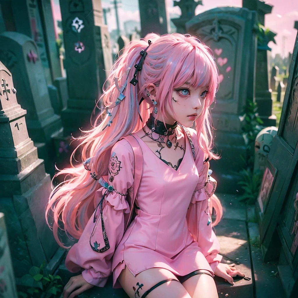 Beautiful woman, hair ornaments、piercings、tattoo、good_punk, 1girl in, Alone,、highest qualityr, photorealistic, Some ultra-fine illustrations, Beautiful attractive anime girl,(Mini dress:1.4),  Miku Hatsune, Skinny body, tied hair,(pink hair:1.4),a  girl, A picture of a girl, Full body shot, beautiful blue eyes:1.4, Converted,arete、hair ornaments、jewely、detailed hands, Miku Hatsune、(fondo Skull Night Cemetery:1.4), unreal engine:1.4,UHD,The best quality:1.4, photorealistic:1.4, skin texture:1.4, masterpiece:1.8,(detailed:1.4),