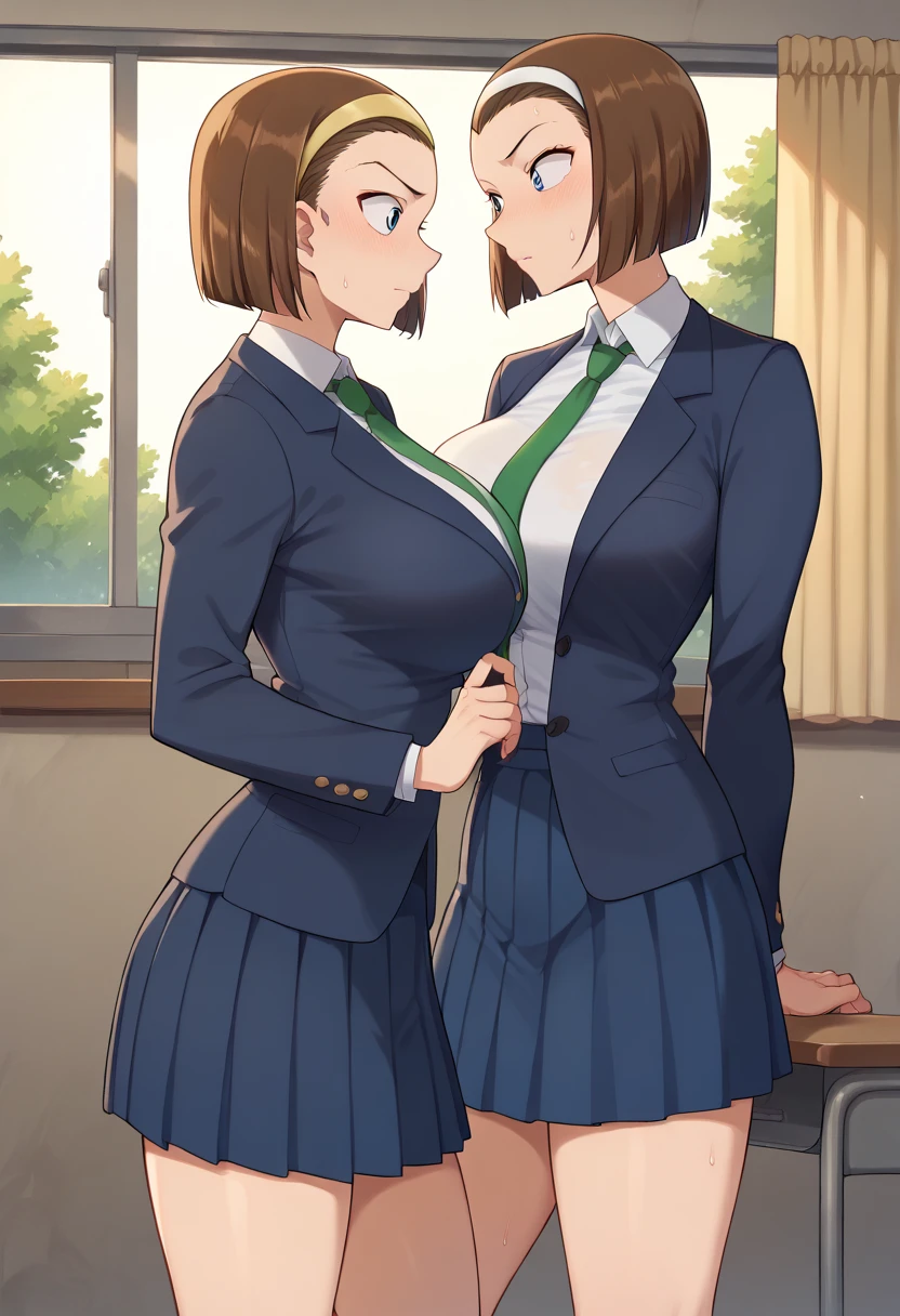 Hyper realistic, 1girl,Suzuki Sonoko, short hair, brown hair, hairband, blue eyes, perfect face, perfect lighting,  , ,large breasts, sweat,、skirt, shirt, long sleeves, school uniform, jacket, white shirt, pleated skirt, necktie, collared shirt, miniskirt, blue skirt, blazer, blue jacket, green necktie、 from the side:2、boob tent