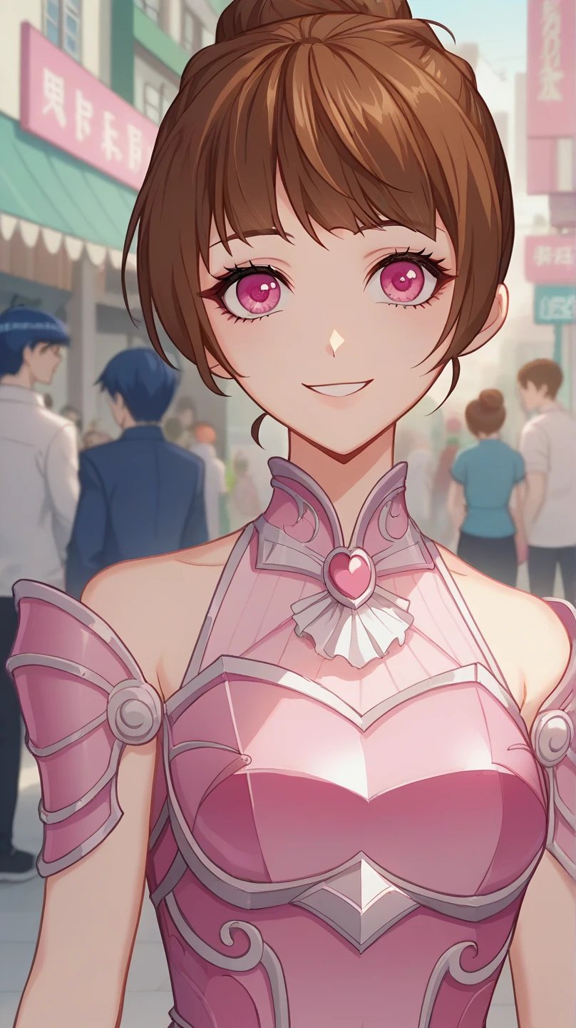 score_9, score_8_up, score_7_up, source_anime, rating_safe, intricate details, anime screencap, anime coloring, , looking at viewer, depth of field, 1girl, solo, women focus, Xiao wu, brown hair, pink eyes, high bun hair, smile, cute, pink armor dress, street, dusk, best quality, masterpiece+