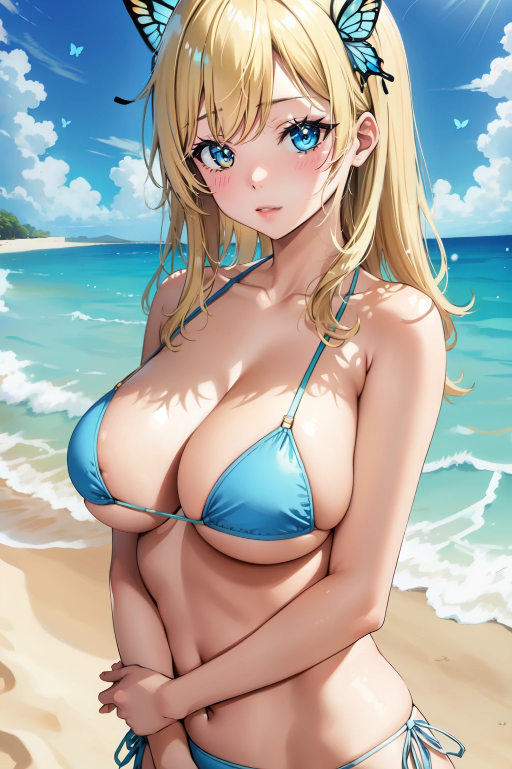 (best quality:1.5, highres, UHD, 4K, detailed lighting, shaders), blonde ponytail, large breasts, tanned skin, bikini, thighs, (pov, close shot), necklace, white background