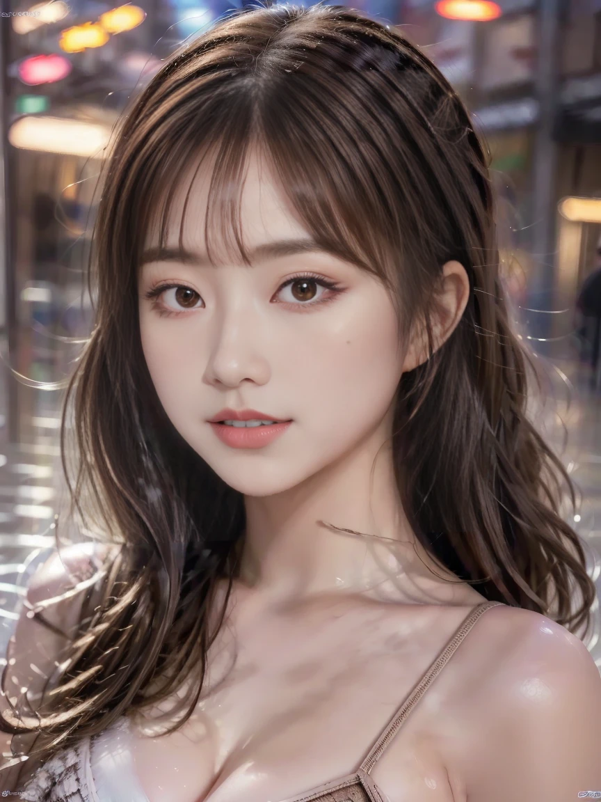 Beautiful and handsome woman, ((Highest quality, 8k, masterpiece:1.3)), Beautiful woman, 1 female, Huge breasts:1.3, Slim figure:1.1, Bouncy dark brown hair, (shower, Wet body, Wet clothes:1.1), Highly detailed face, Detailed lips, fine grain, double eyelid