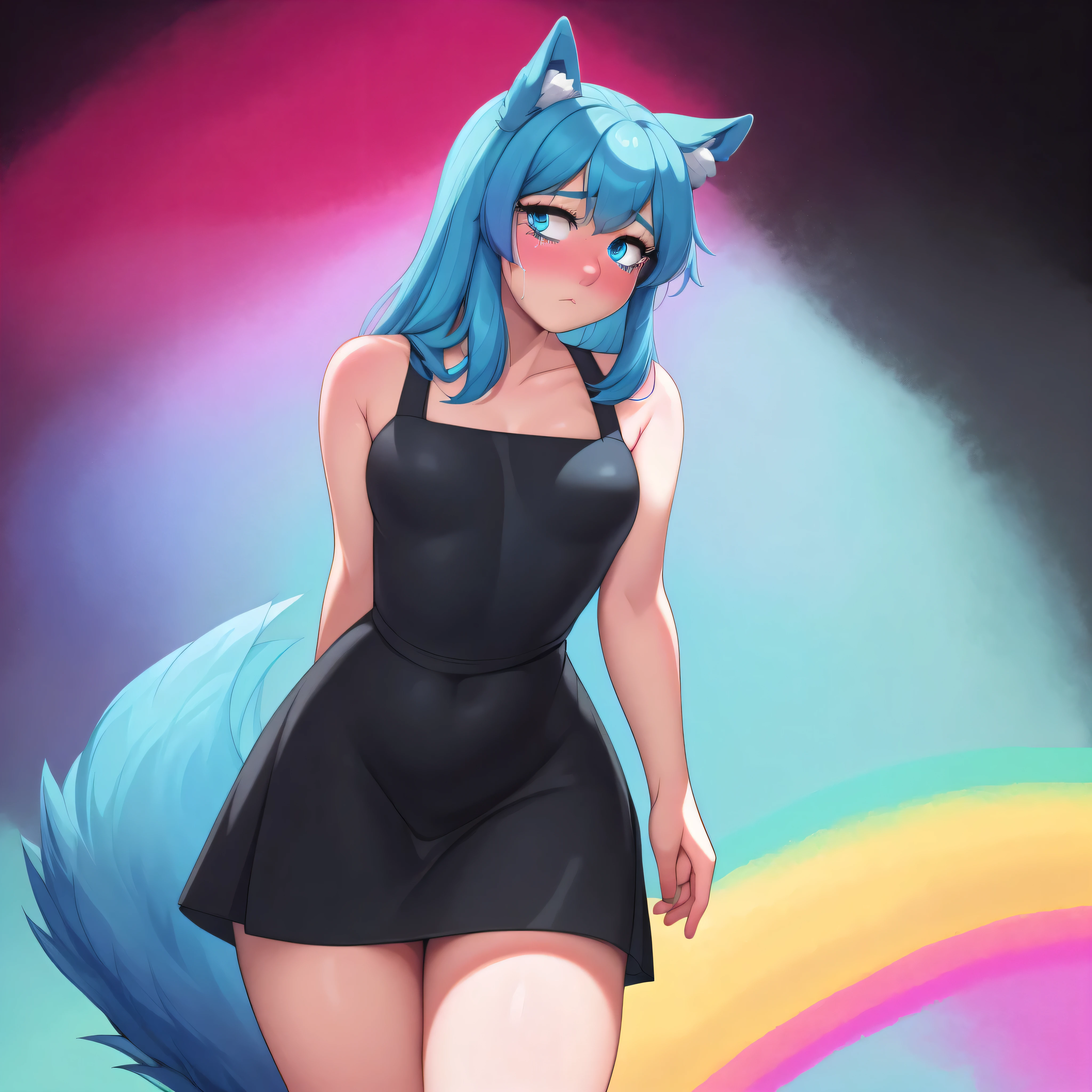 (Masterpiece) (High Detail) (High Res) A short little slim humanoid girl with pale human skin and blue eyes and long blue hair and blue dog ears and a fluffy blue dog tail and average breasts. She is stood in front of a bright Psychedelic rainbow patterned background with bright colours. She is wearing a grey and black dress. She looks sad like she has been crying. Mascara stains. Her cheeks are red. In the background there are bright colours and patterns. Her hands are behind her back. She is looking downwards. 