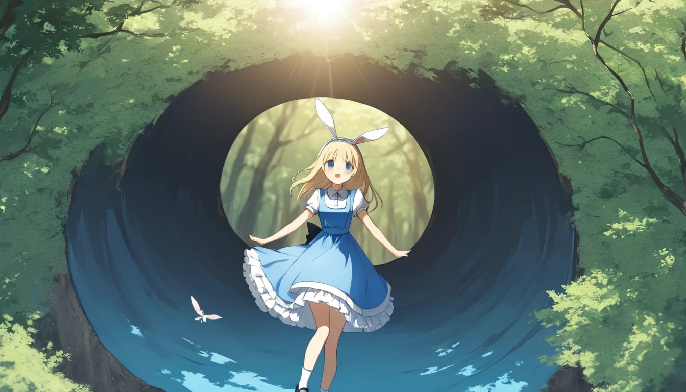 「  girlとrabbit」One person and one animal ，left　 girl: ((Alice's in Wonderland ))  blue and white dress， blue headband in hair， anime  girl , rabbitを見る，Interesting，surprise，  jump into a hole ，((  Dynamicアングル))  very beautiful,   on the ground with the sun shining on a clear summer day，tree々，nature， sky blue ,  Ideal Anatomy   , Like a nebula ,   right　rabbit:丸いrabbit，Gentleman&#39;s clothing，懐中時計をright手に，run，run， jump into a hole ， Dynamic，Heartwarming， blurry background，Rabbit& girl