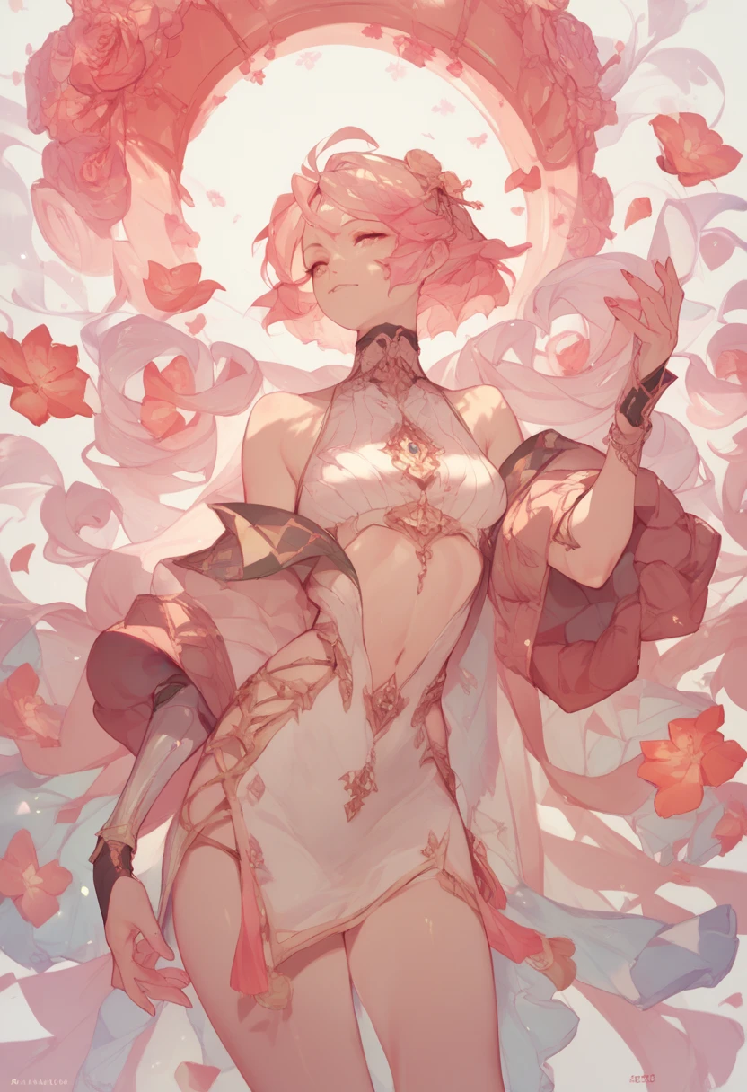 Poster,(a lot:1.2),((Art Deco,Botanical Art,Flower Art)),(Floral:1.2),Lily flower, (masterpiece, Highest quality),(Vibrant colors,colorful),(Amazing details,Detailed Background),Anatomically correct,Accurate drawing,Detail View,Sense of luxury, Perfect Anatomy, Girl takes off clothes:1.6, Bare Belly,belly button, Pink Hair, Grey Eyes, (Bodysuits:1.5), Spread your legs,Spread your legs, Crotch crack