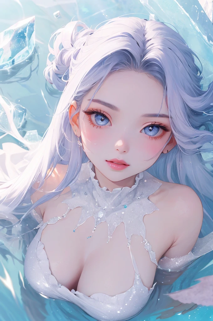  １ beautiful girl、 from directly above、comical eyes、 big eyes on left jaw、ice pink lips、 skin texture、shoulder、Breath、  mist dress 、Frills、cool、Delicate soft 、 SPARKLING REFLECTION 、 natural ice white super long hair、 Mist and Fusion 、WHITE DARK MIST 、Blur、 warm light、HD